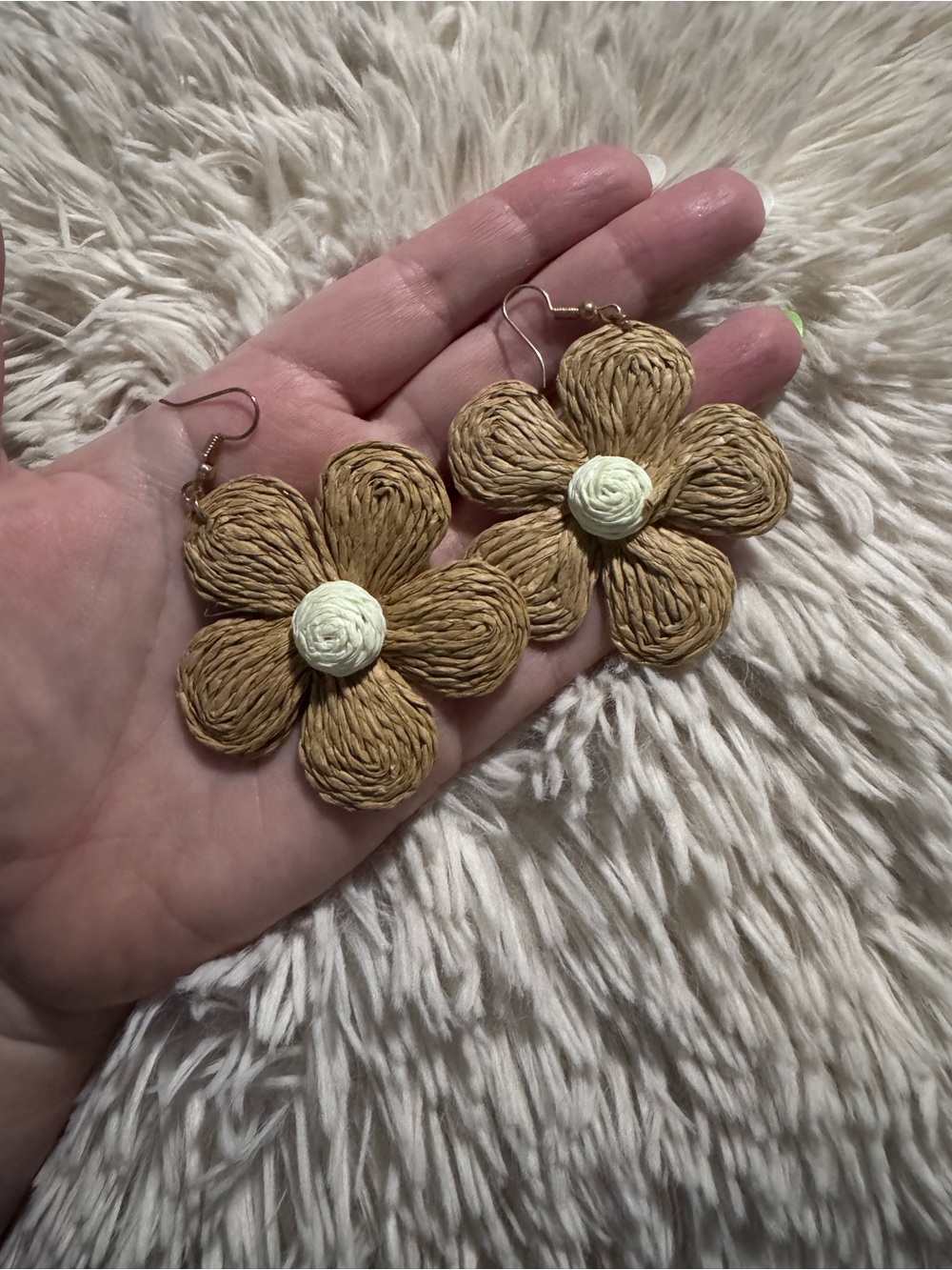 Handcrafted Tan Flower Drop Earrings with Cream Center